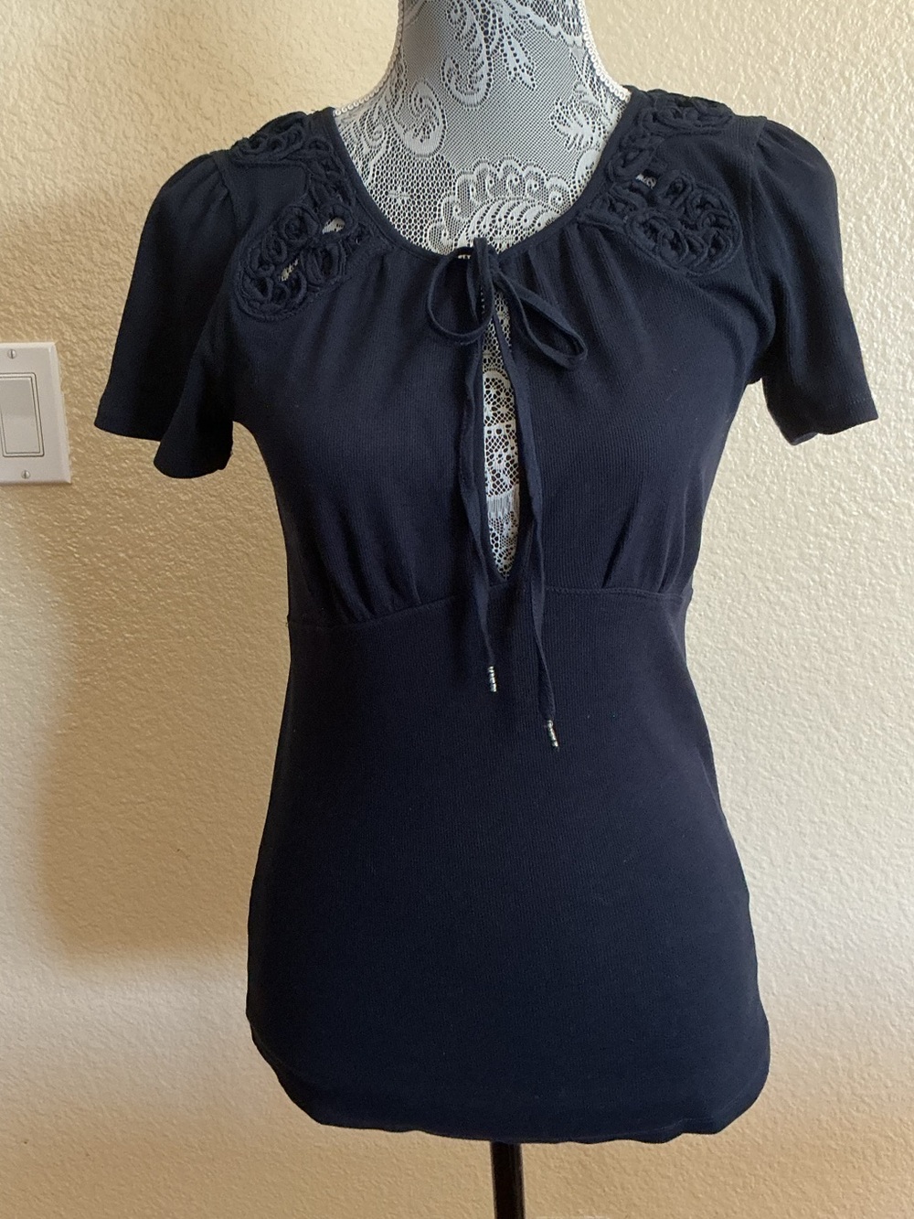 Free People Navy Blue/almost black Battenburg Knit Front Tie Top